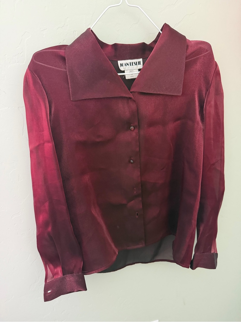 Joan Leslie Burgundy Satin Button-Down Blouse